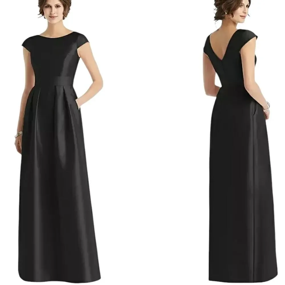 NWT Alfred Sung Cap Sleeve Pleated Skirt Dress Pockets Black Maxi Dress Size 2 - Picture 1 of 13